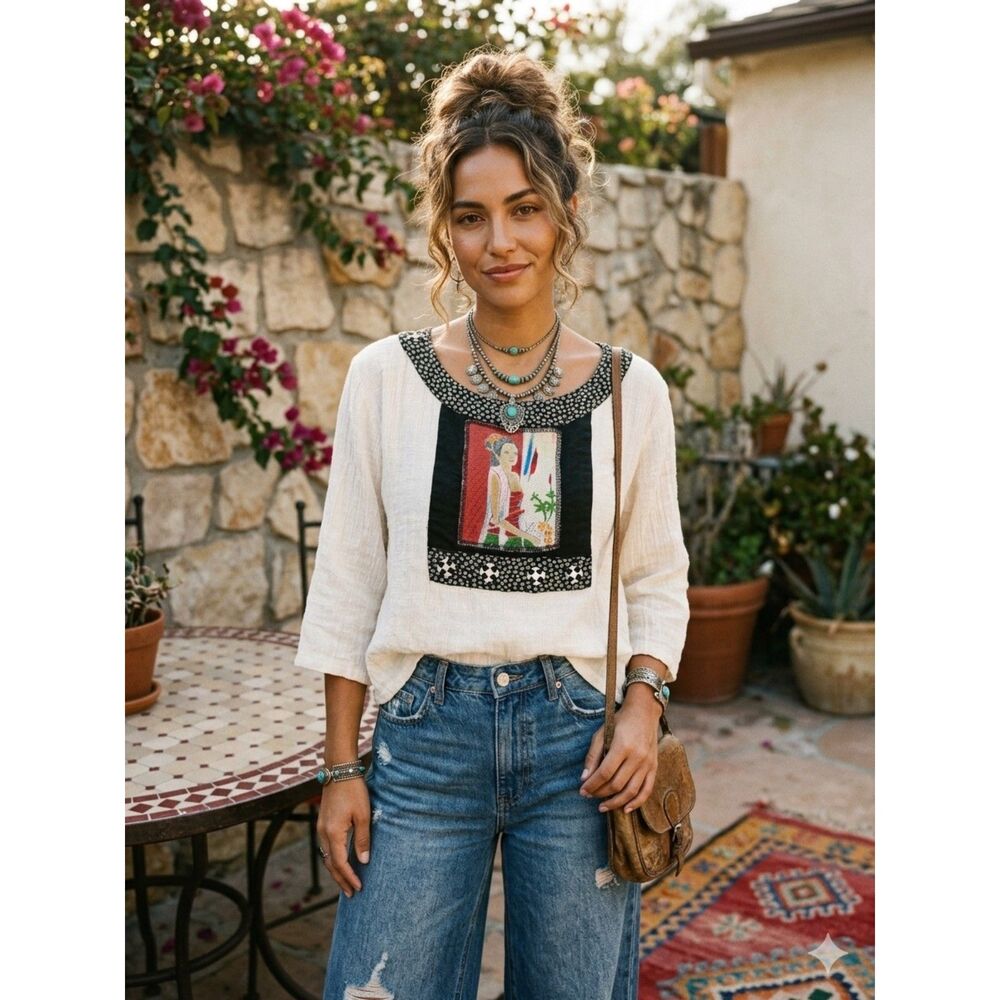 Globe Trotter Boho Crinkle Gauze Art To Wear Folk Portrait Peasant Top Medium